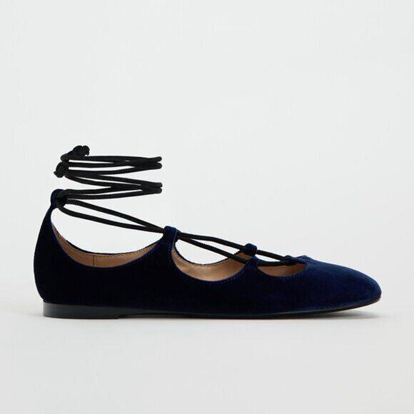 💙 ZARA Velvet Ballet Flats NWT | Ankle Wrap Tie Closure Navy Blue 7.5–9 - Picture 16 of 16